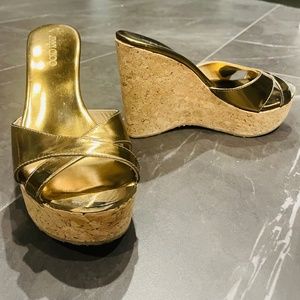 Jimmy Choo patent gold wedge sandals